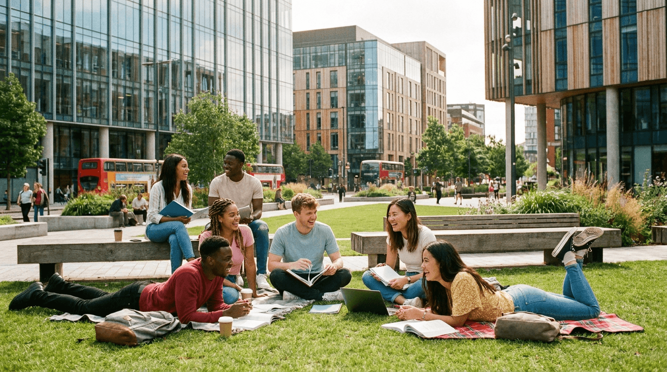Diverse UCBM students studying together in Manchester city centre