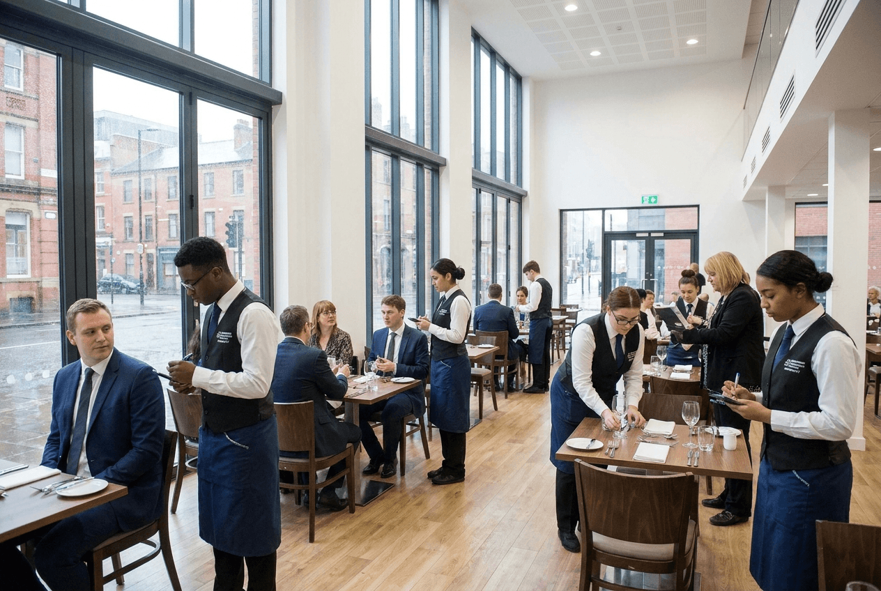 Hospitality students in hotel training restaurant